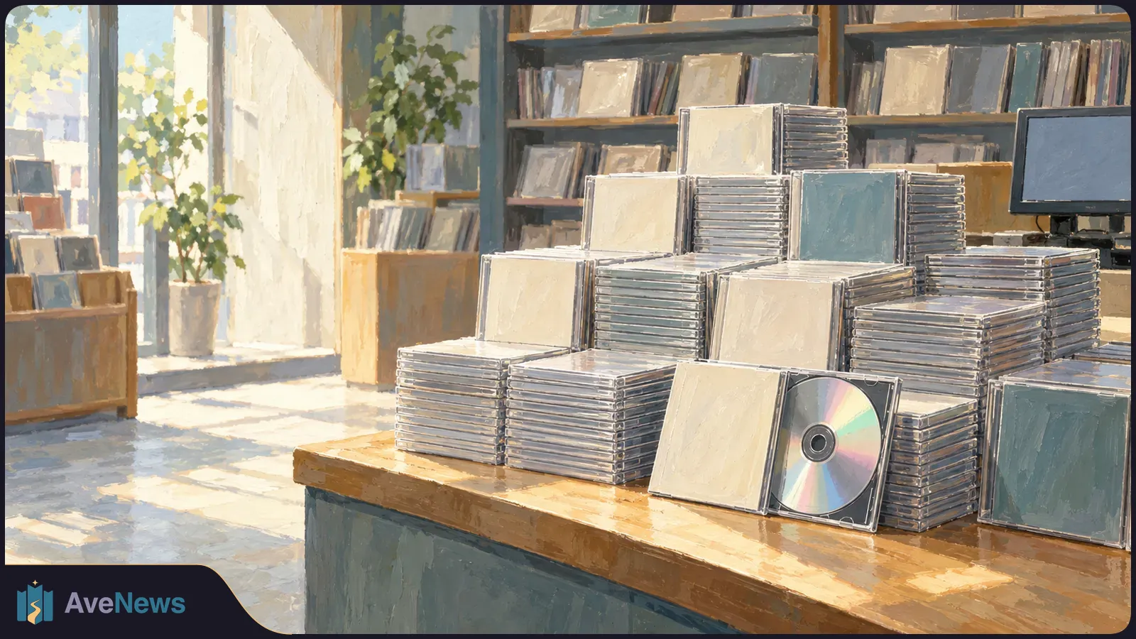 Stacks of blank CD cases fill a sunlit music shop display, with one open case showing a disc. SI illustration