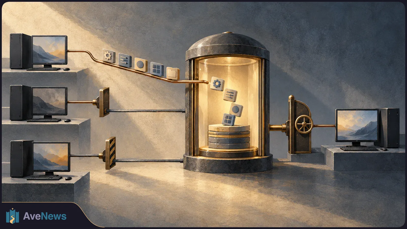 Four desktop computers connect by pipes to a glowing glass vault with stacked disks and floating settings icons. SI illustration