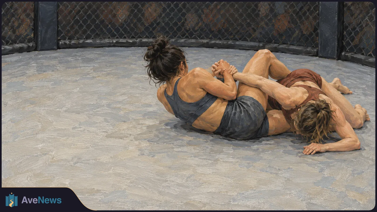 Painterly illustration of two women grappling on a gray mat inside a chain-link cage, one in dark athletic wear and the other in rust-colored gear. SI illustration