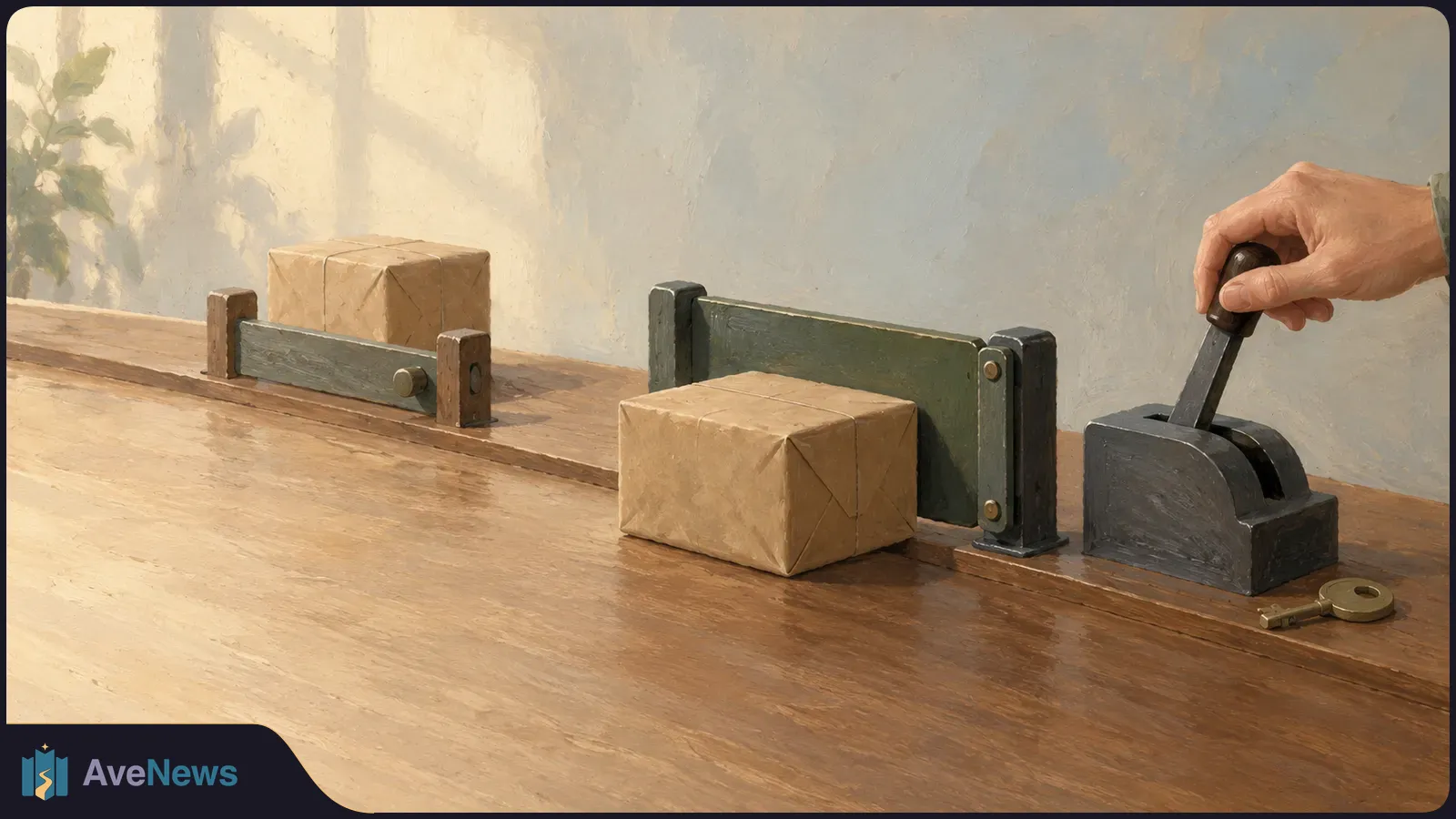 Painted scene of two paper-wrapped parcels on a wooden conveyor, with upright barriers, a hand holding a lever and a key resting nearby. SI illustration