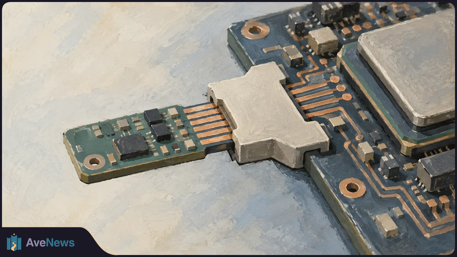 Painted close-up of two circuit boards joined by a white connector, with copper traces and small electronic components. SI illustration