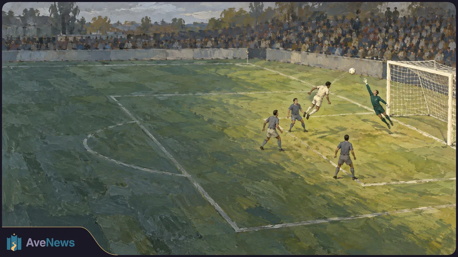 Painting of a footballer heading a ball toward goal as a goalkeeper leaps to reach it, with three other players and a crowd behind them. SI illustration