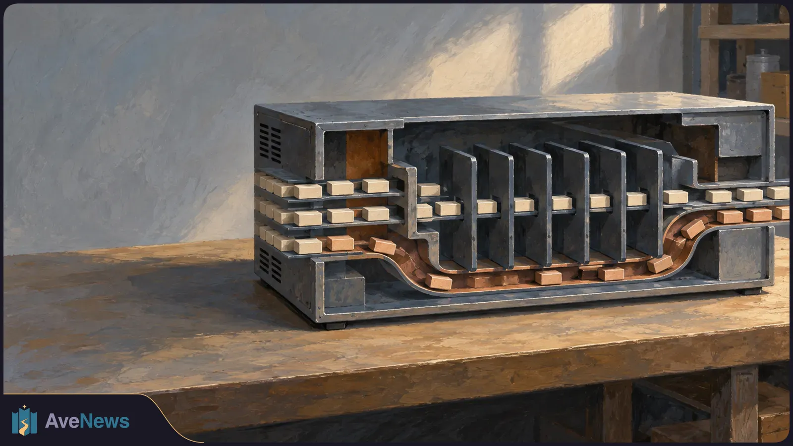 Painted cutaway of a gray machine on a wooden bench. Light blocks line its upper rails, while brown blocks follow a curved lower track beneath upright metal fins. SI illustration