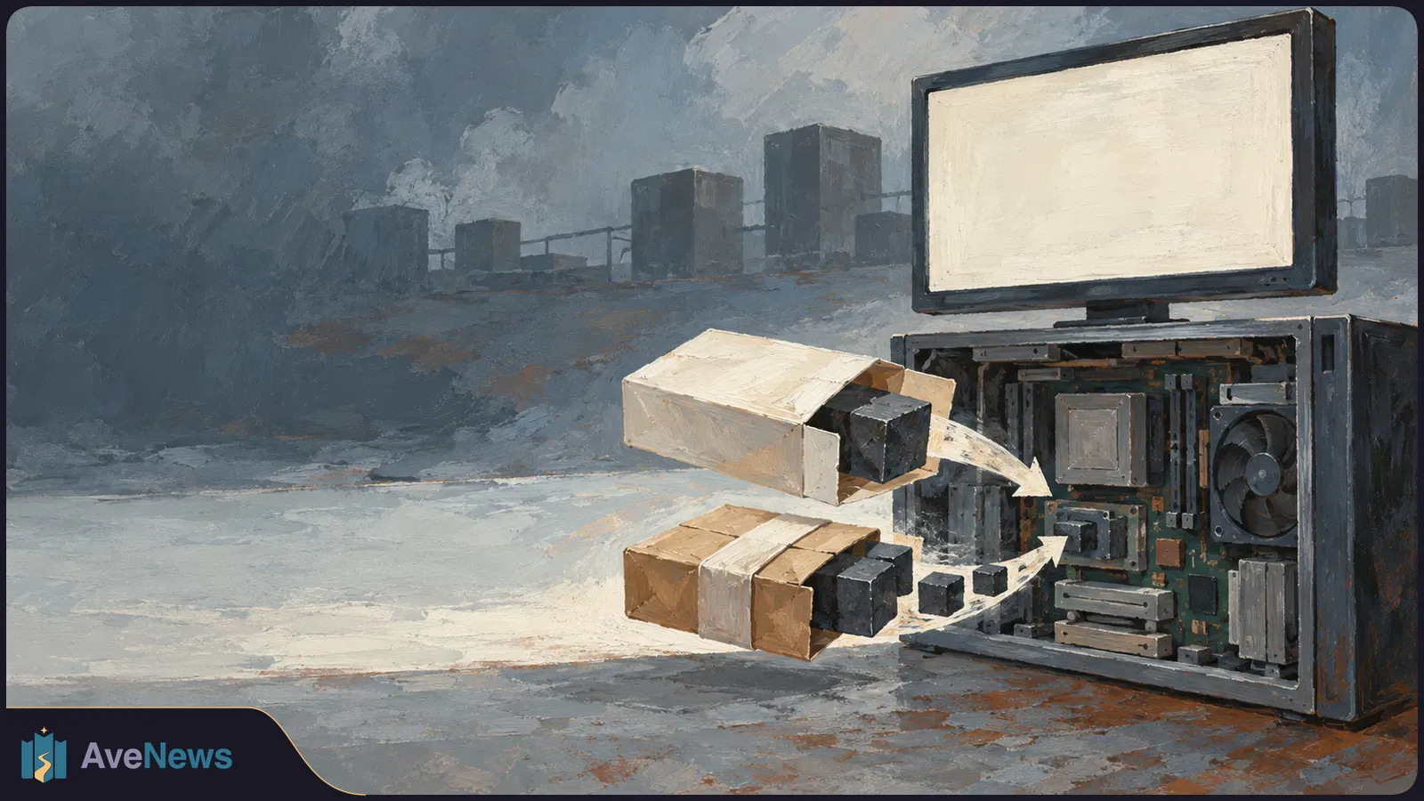 Painterly illustration of a blank monitor above an open computer case, with cardboard packages, black blocks and white arrows pointing toward its exposed components. SI illustration