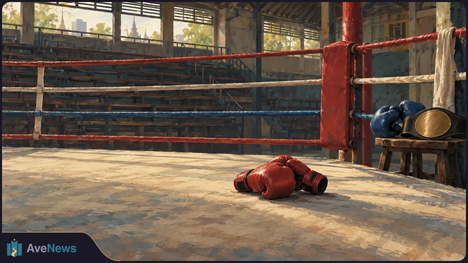 An illustrated empty ring with red gloves on the canvas and blue gloves beside a plain gold belt on a stool. Bleachers and distant spires appear behind the ropes. SI illustration