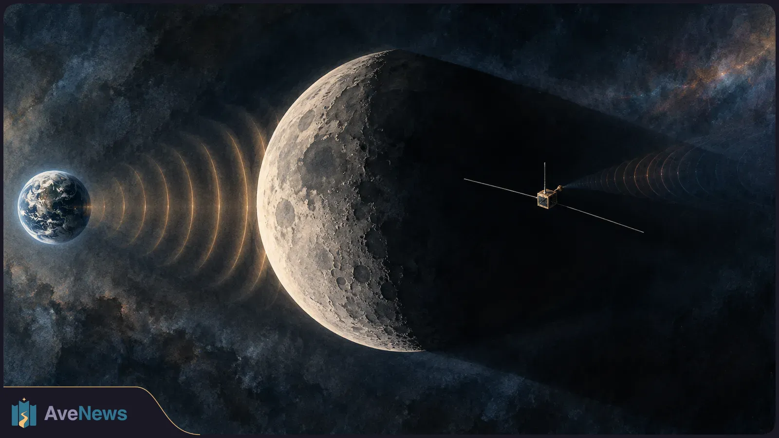Illustration of radio waves traveling from Earth toward the Moon, with a small antenna-equipped satellite on the Moon’s dark side. SI illustration
