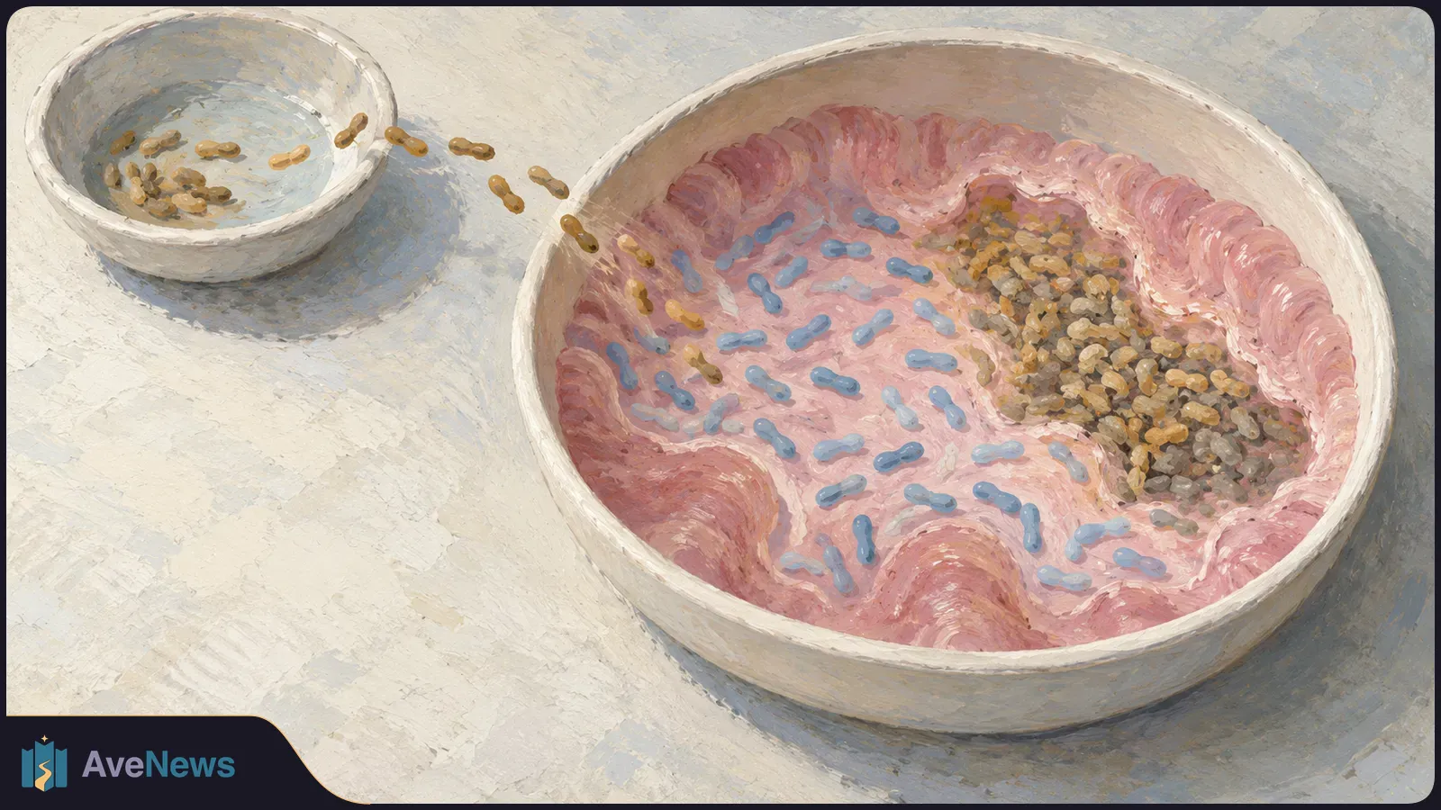 Painted illustration of a large bowl of folded pink tissue with blue rod shapes and a dense tan cluster; tan particles trail into it from a smaller bowl. SI illustration