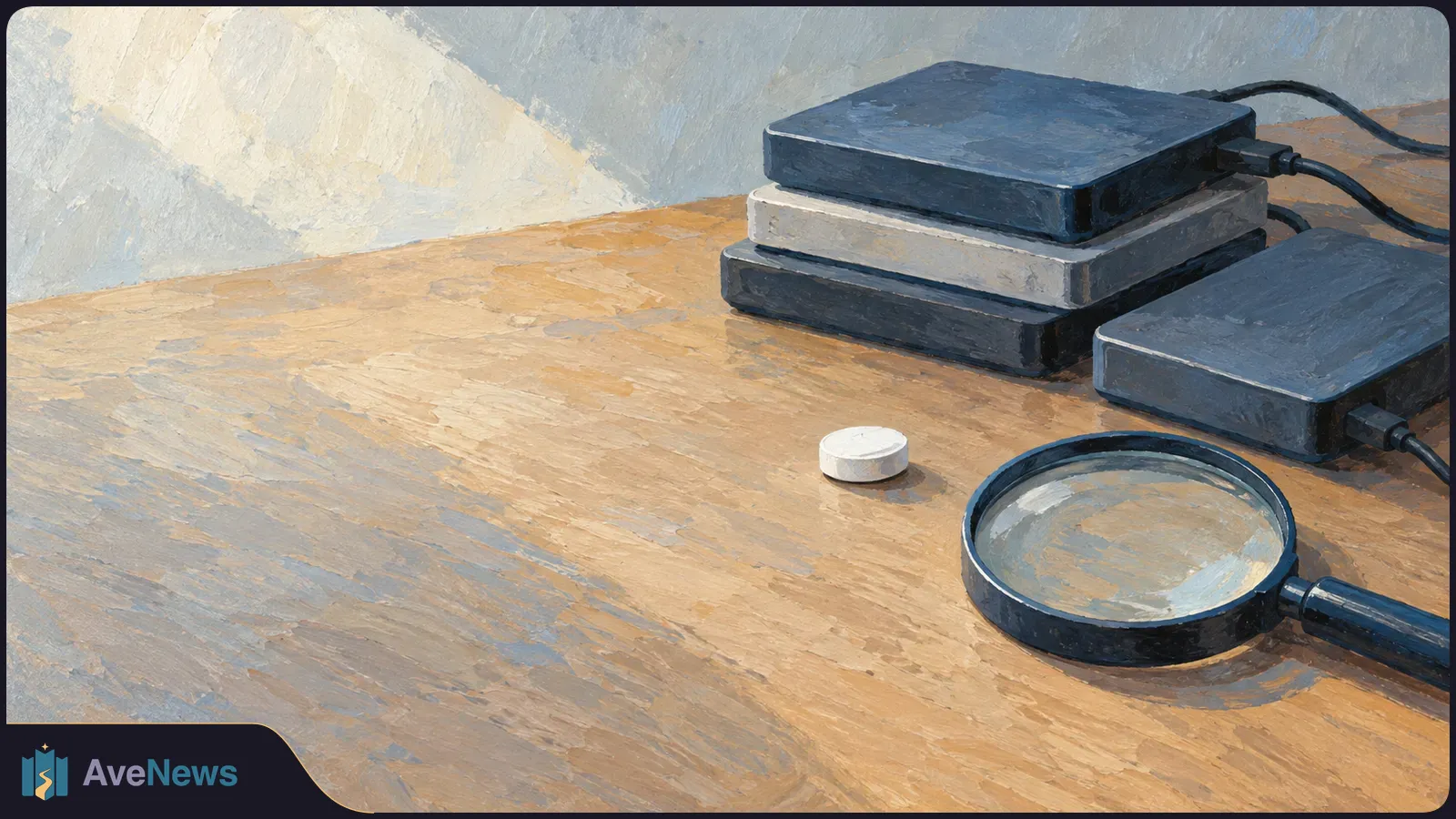 Painted scene of a white tablet, a magnifying glass and stacked cabled drives on a wooden table. SI illustration
