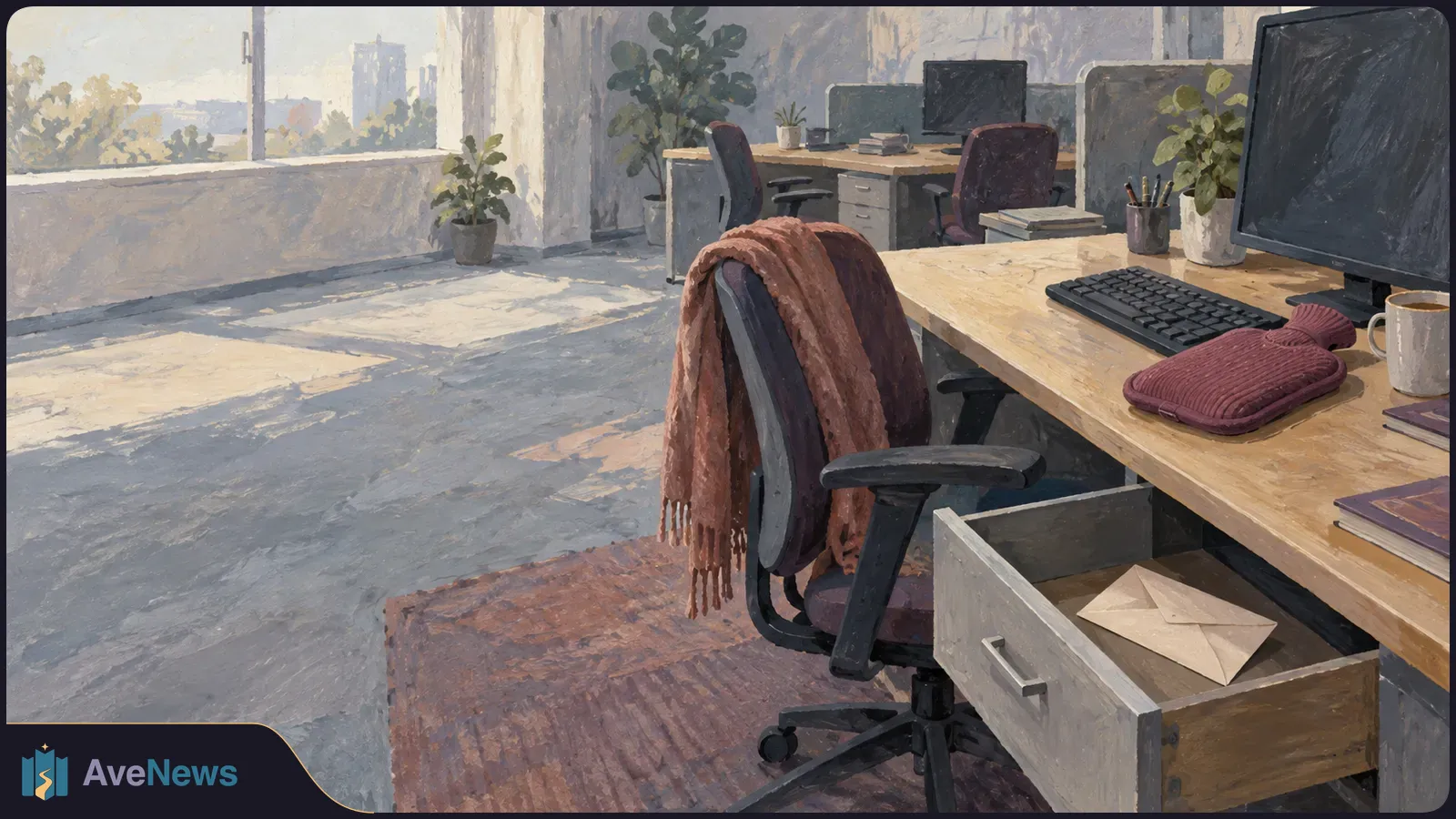 Painted office with an empty chair draped in a blanket, a hot-water bottle on the desk, and an open drawer holding an envelope. SI illustration
