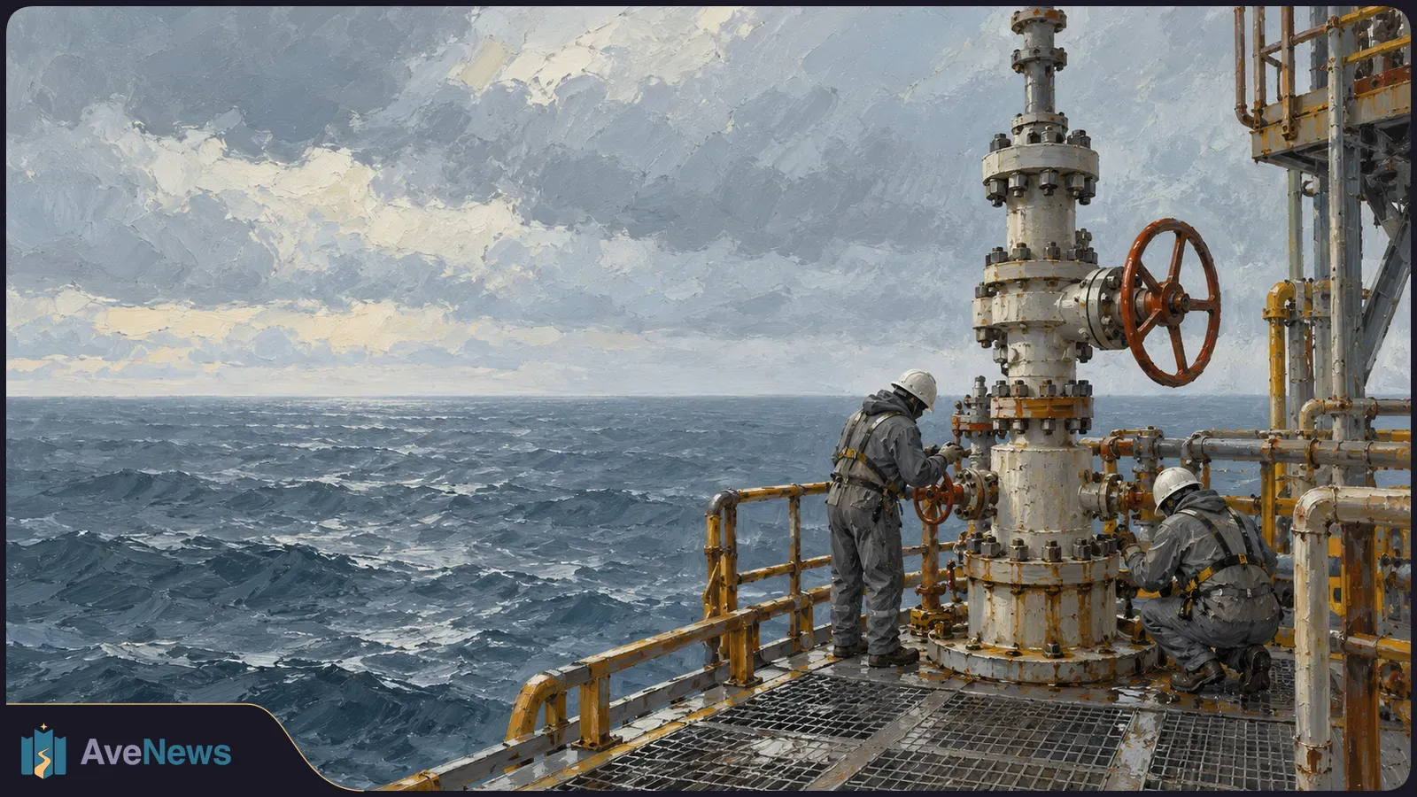 Painterly view of two workers beside a large valve and pipes on an offshore platform, with rough seas and cloudy skies behind them. SI illustration