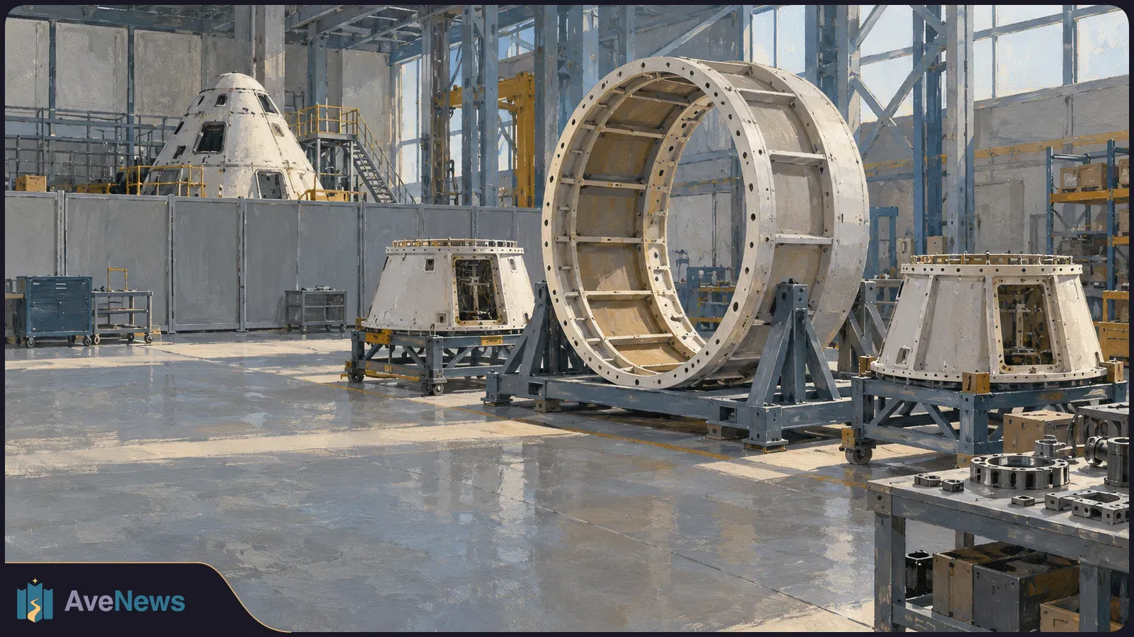 Inside an industrial hangar, a large metal ring and two smaller spacecraft components rest on supports, with a capsule-shaped structure in the background. SI illustration