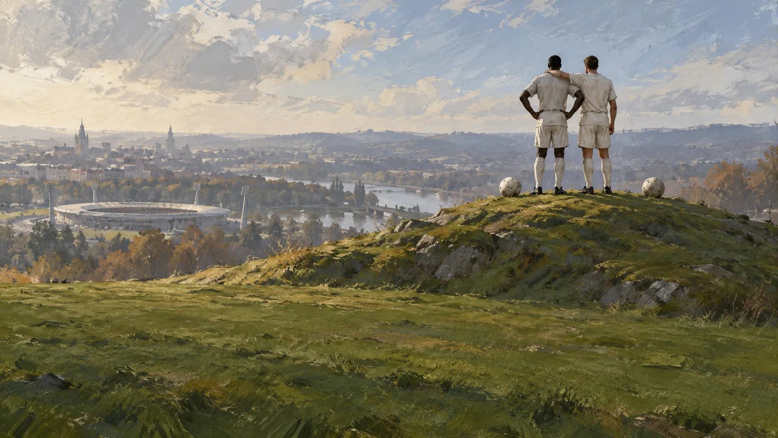 Illustration of two footballers in white standing on a grassy hill, one with an arm around the other, overlooking a city and stadium. A ball lies on either side of them. SI illustration
