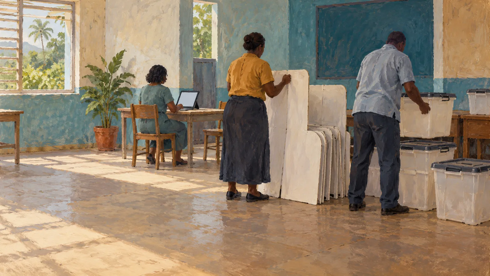 In a painted sunlit room, one person sits at a laptop while two others handle white panels and lidded plastic boxes. SI illustration