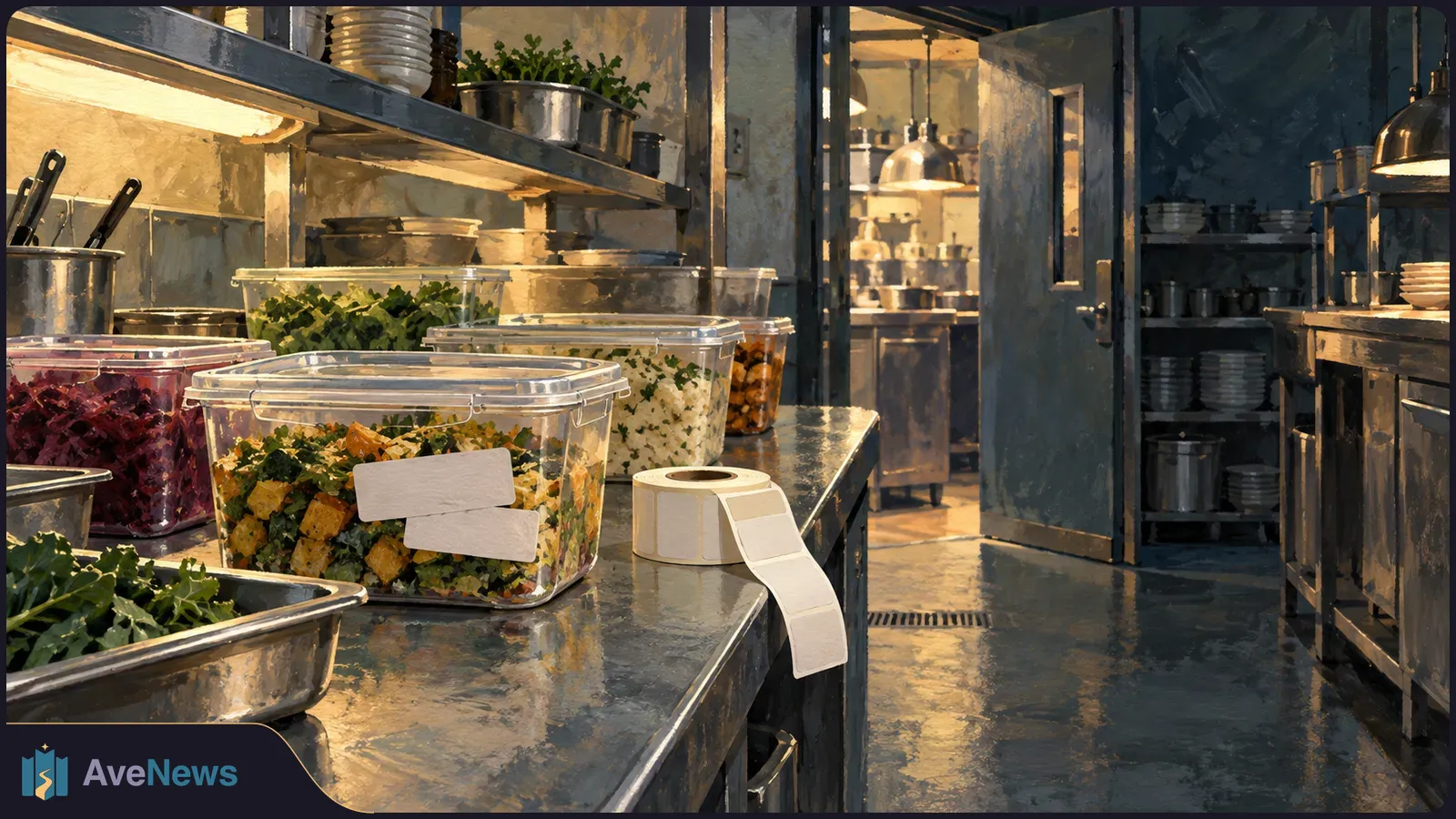 Illustration of a kitchen prep counter with clear tubs of prepared food, blank labels and a roll of labels; shelves and an open doorway behind. SI illustration