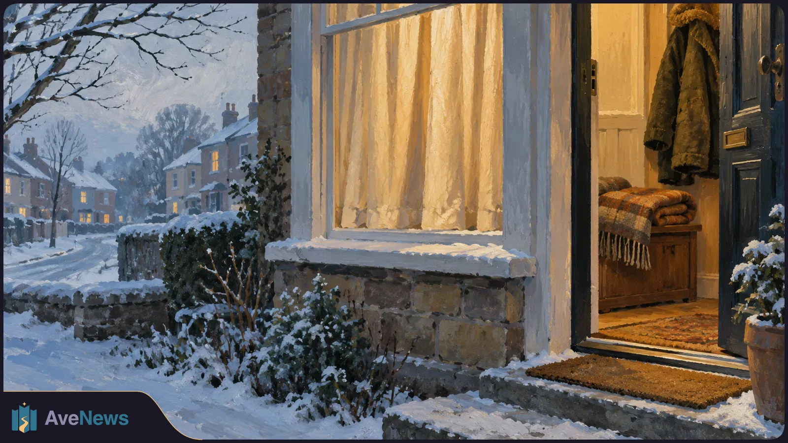 Painterly snowy street beside a house with a lit window and open front door; a coat and folded blankets are visible inside. SI illustration
