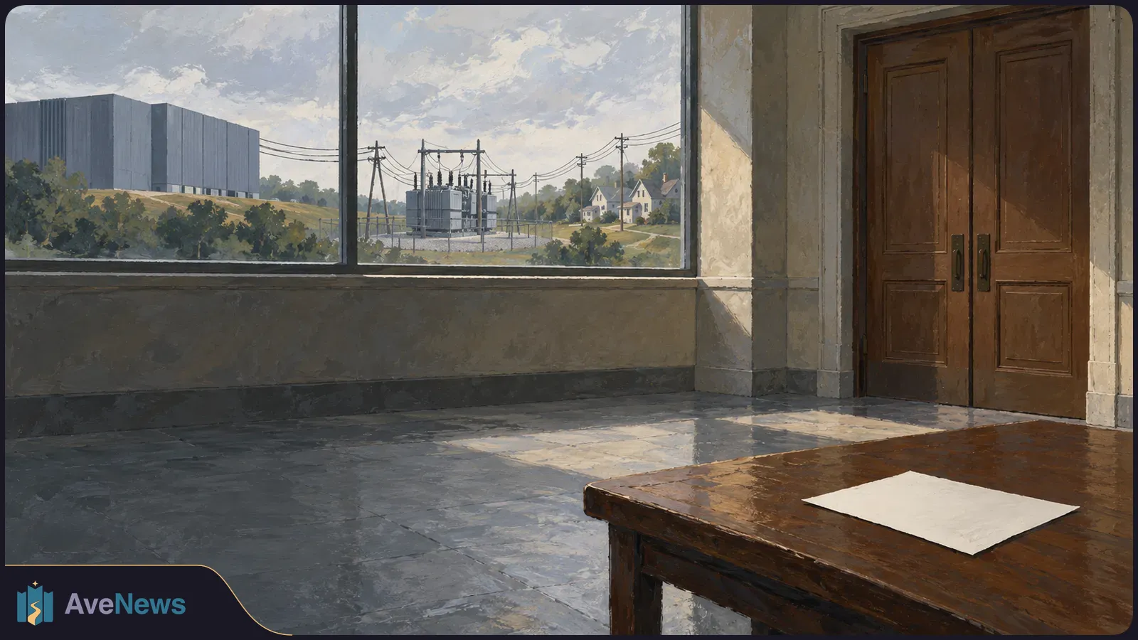 Painted scene of an empty room with a blank sheet on a table; through the window are a large industrial building, electrical transformers and power lines. SI illustration