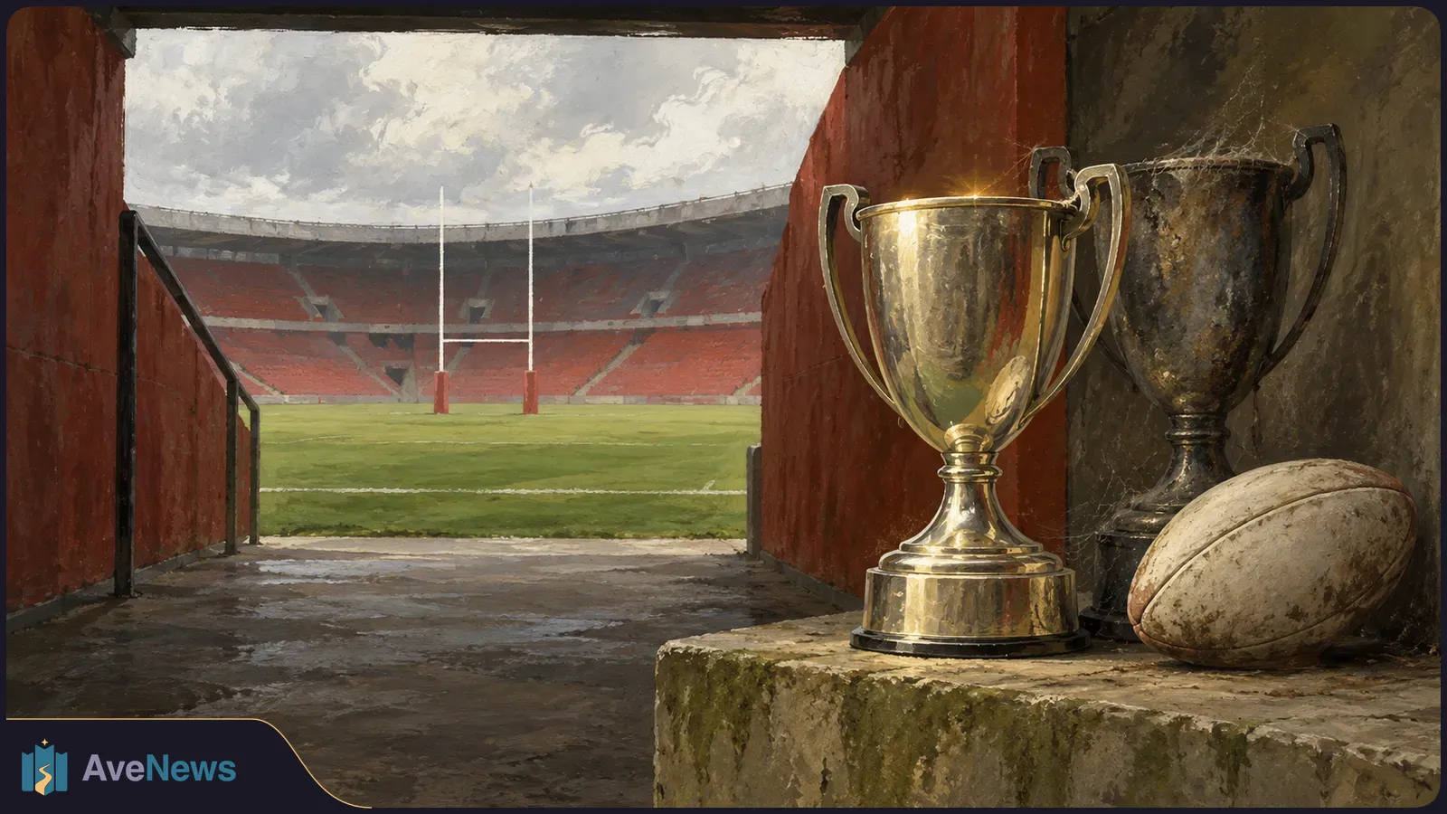 A gleaming gold trophy stands beside a dusty old cup and a rugby ball in a stadium tunnel, with the pitch and goalposts beyond. SI illustration