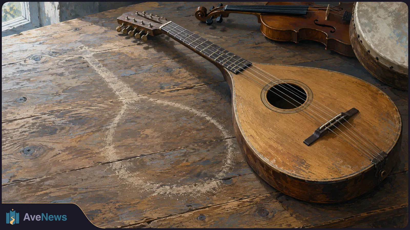 A stringed instrument lies across a worn wooden table, with a violin and part of a drum behind it. SI illustration