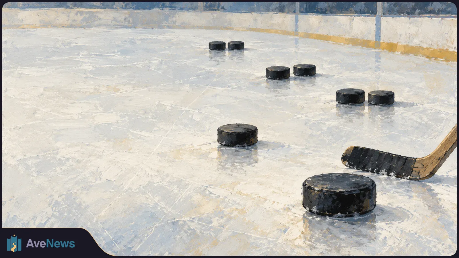 Illustration of black hockey pucks scattered across an ice rink, with a hockey stick entering from the right. SI illustration