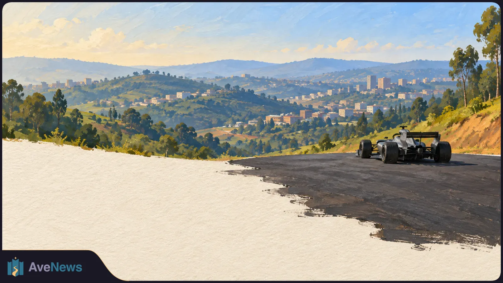 A painted landscape of green hills and a distant city, with a black open-wheel race car on a dark road that fades into blank cream canvas. SI illustration