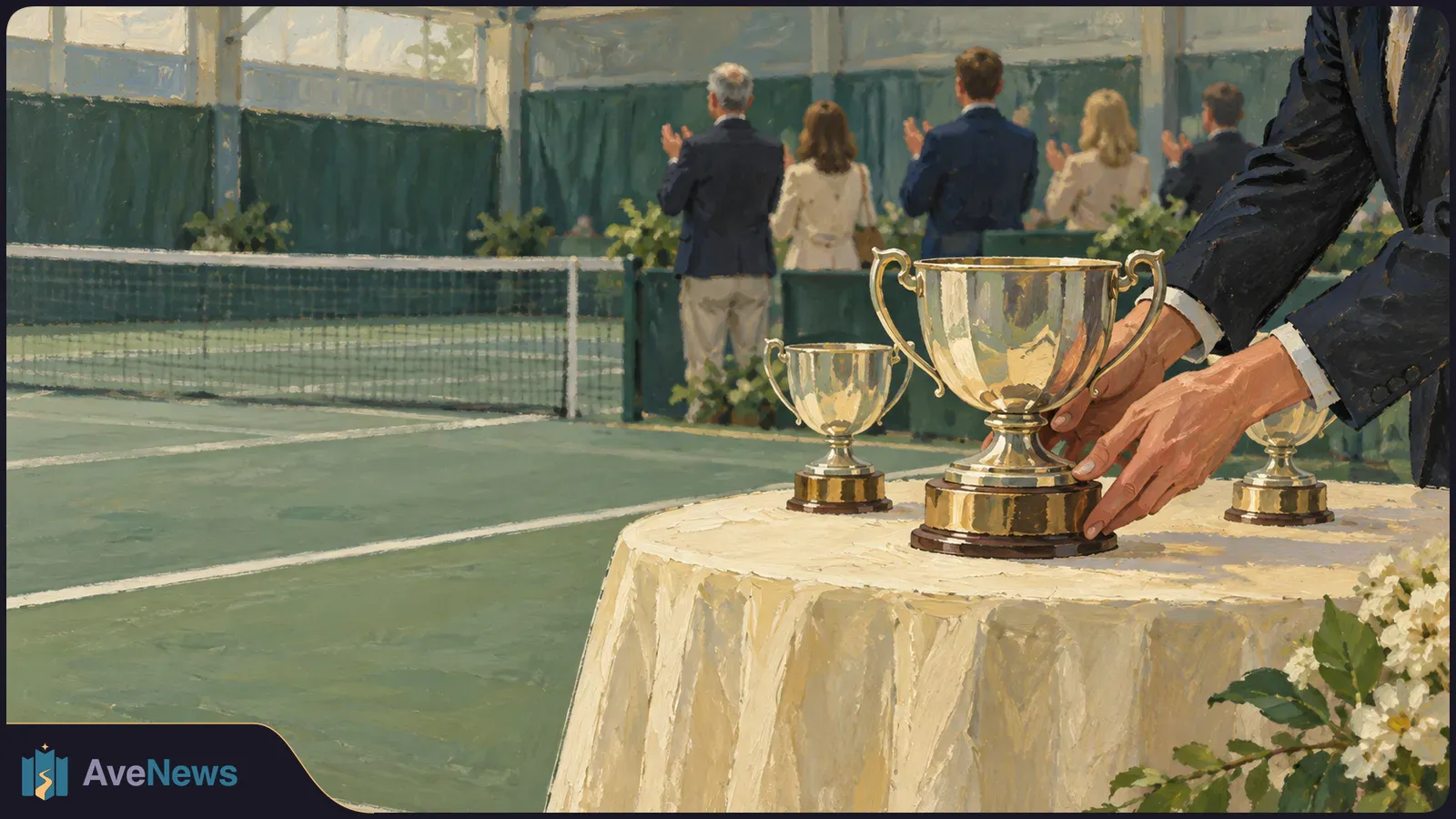 Illustration of three gold trophies on a draped table beside an indoor tennis court. A person adjusts the largest trophy as people applaud in the background. SI illustration