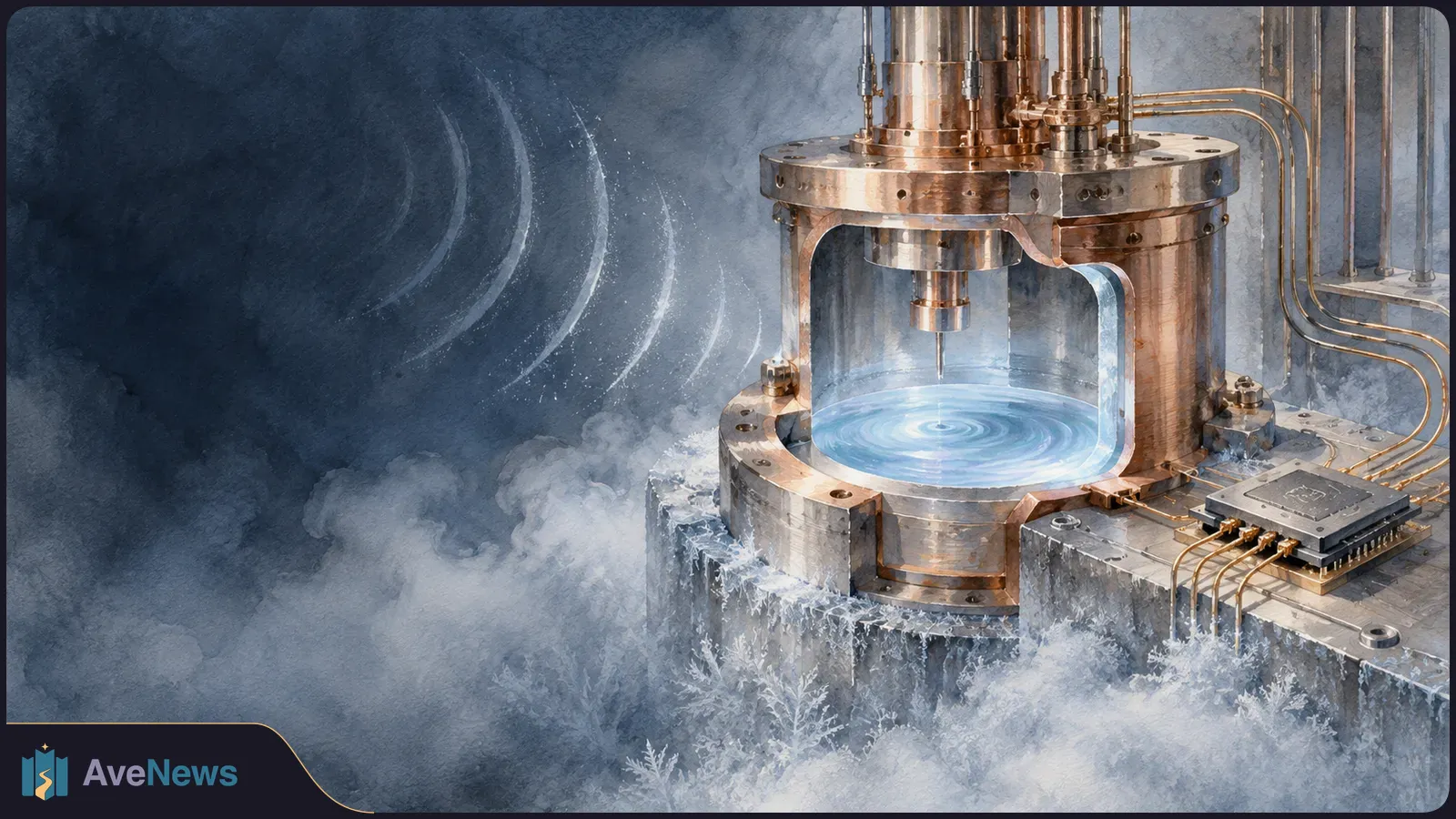 Illustration of a copper-toned apparatus with a probe above rippling blue liquid, fine wires leading to a chip, and frost around the base. SI illustration