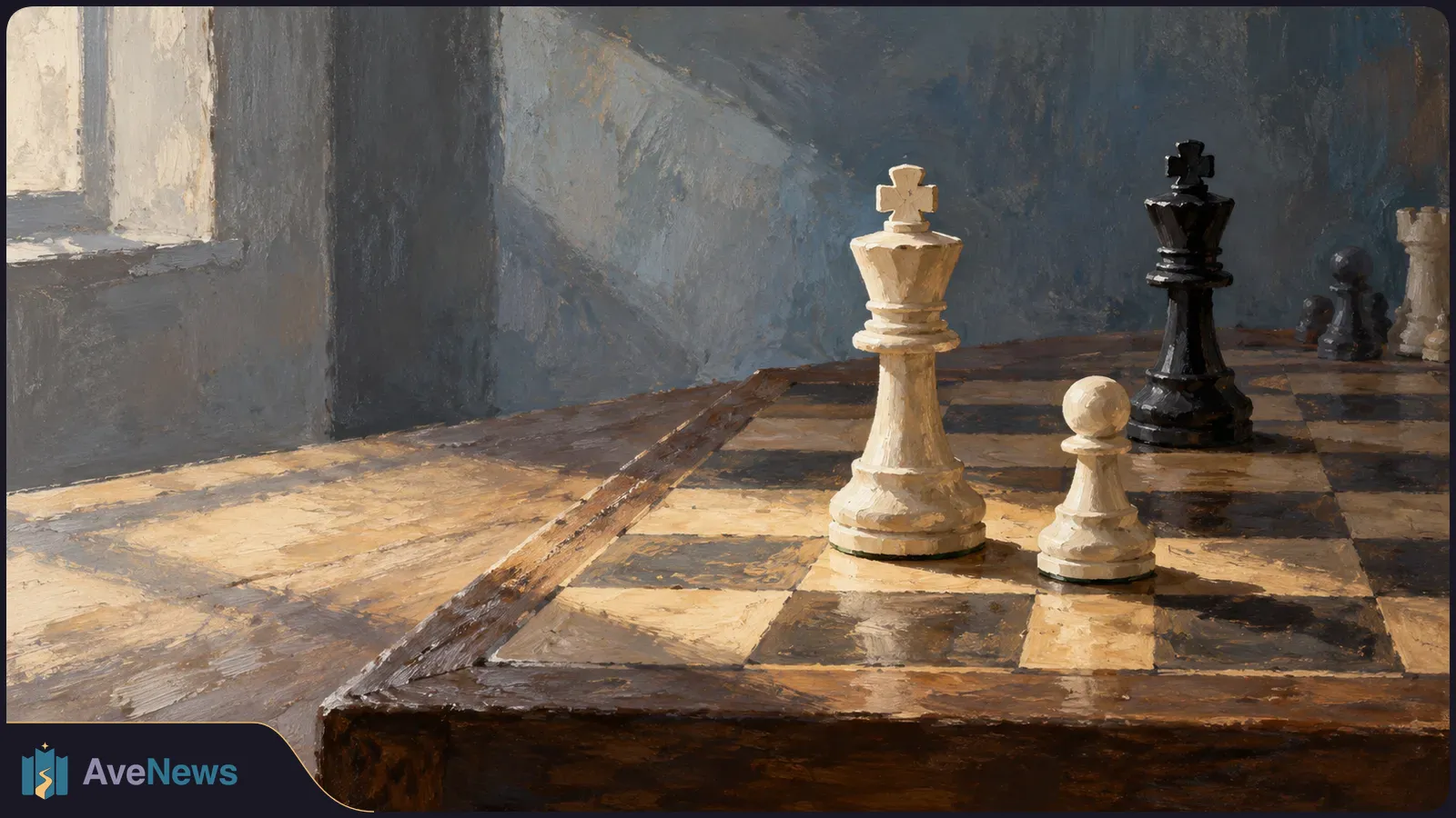 Painterly illustration of a chessboard on a wooden table by a sunlit window, with a white king and pawn in front of a black king and other pieces. SI illustration