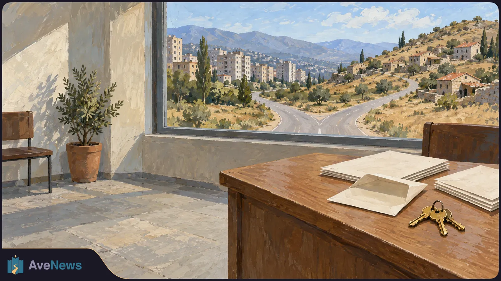 A painted room with keys, blank papers and an envelope on a desk. Through the window, a forked road leads toward apartment blocks and hillside houses. SI illustration