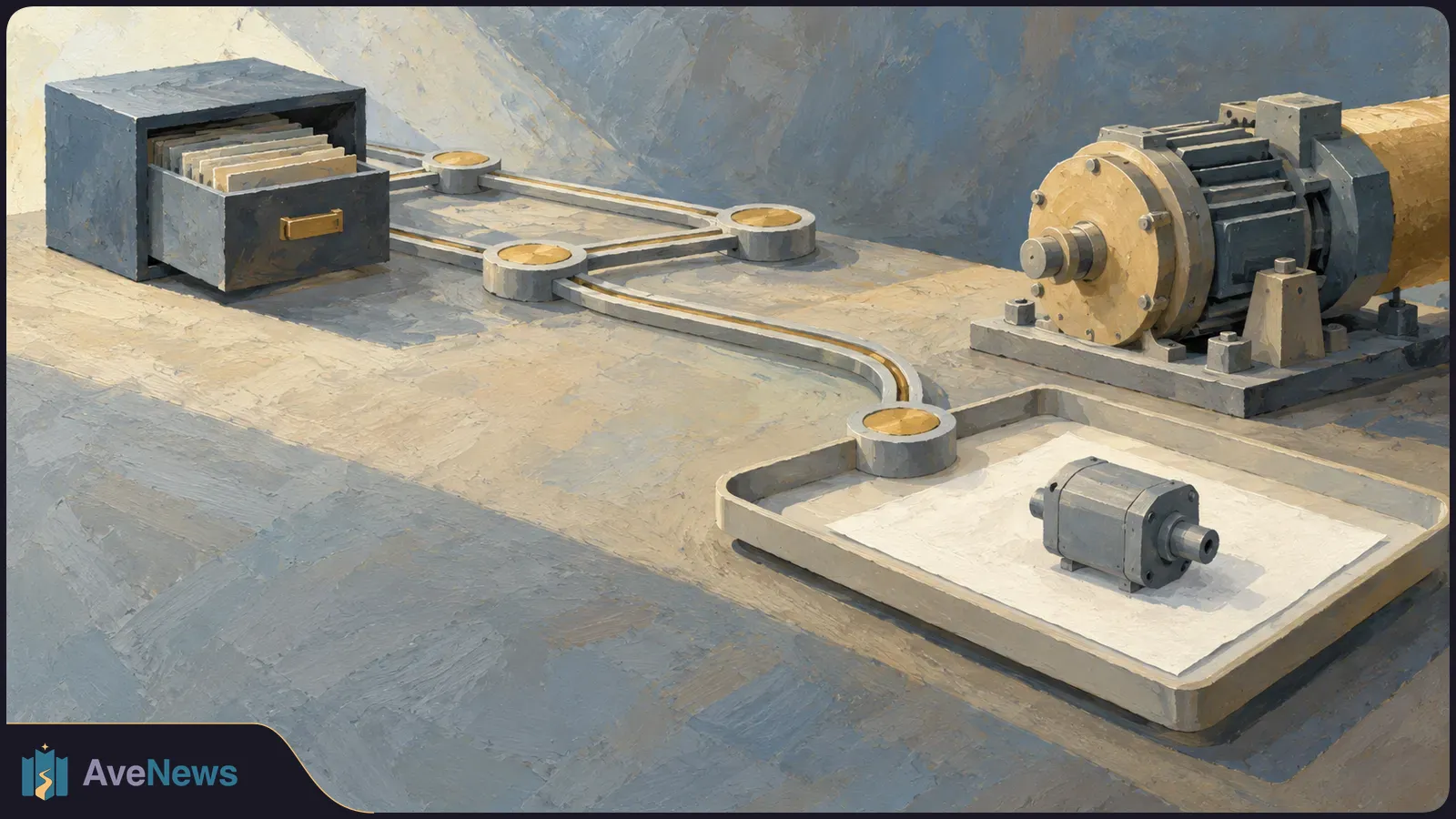 Painterly illustration of an open file drawer connected by metal tracks to a large machine and a smaller motor resting on a tray. SI illustration