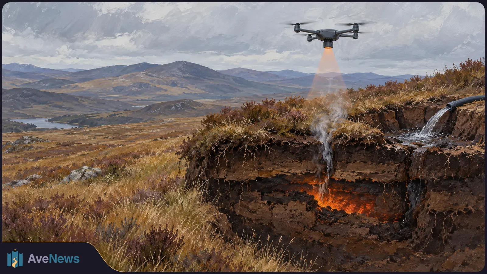 Painted hillside with a drone hovering over smoking soil. Orange fire glows beneath the turf as water pours from a hose at right; mountains and a lake lie beyond. SI illustration