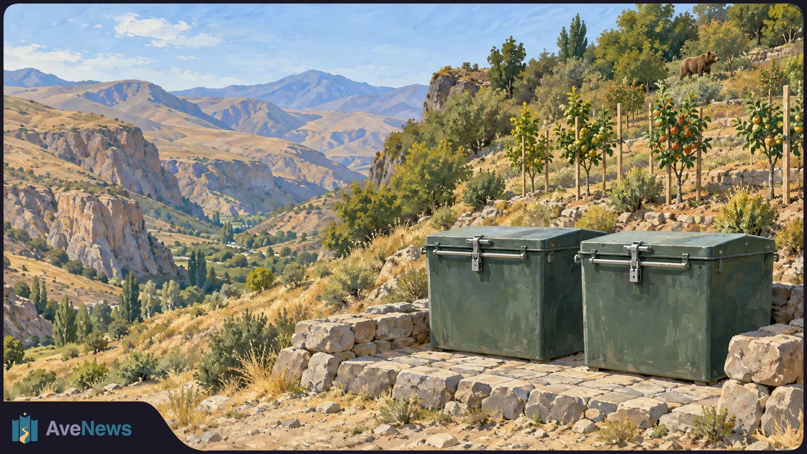 Two closed green metal bins sit on a stone platform beside fruit trees. A bear stands on a hillside above a mountain valley. SI illustration