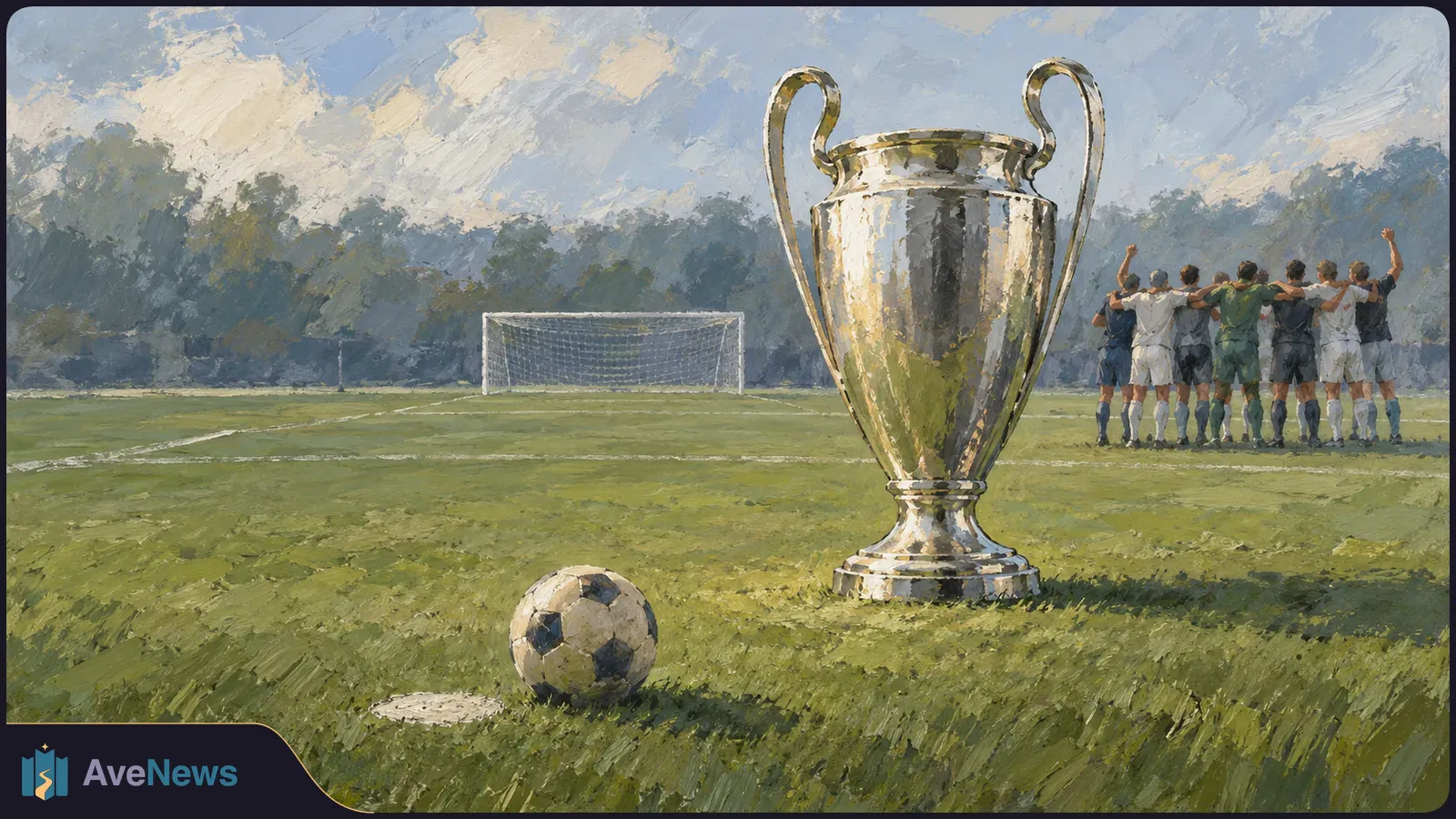 Painterly illustration of a large silver trophy and a soccer ball on a grassy field, with a goal in the distance and players standing arm in arm at right. SI illustration