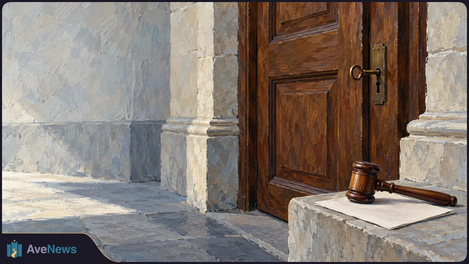 Painterly illustration of a wooden gavel resting on a blank sheet of paper on a stone ledge beside a partly open wooden door. SI illustration