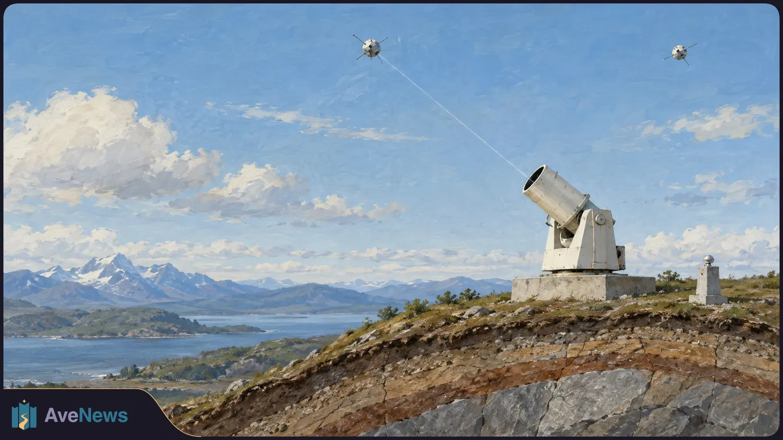 Painted landscape with a ground-based laser instrument aimed at a satellite above mountains and a lake; a second satellite appears farther away. SI illustration
