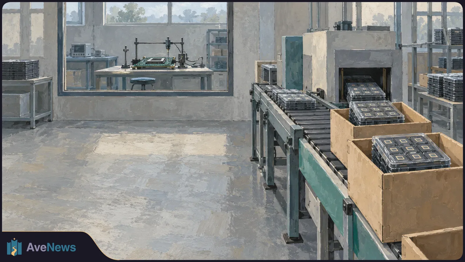 A painted factory scene with trays of chip-like components moving past a machine on a conveyor, some in open wooden boxes; an electronics workbench is visible behind glass. SI illustration