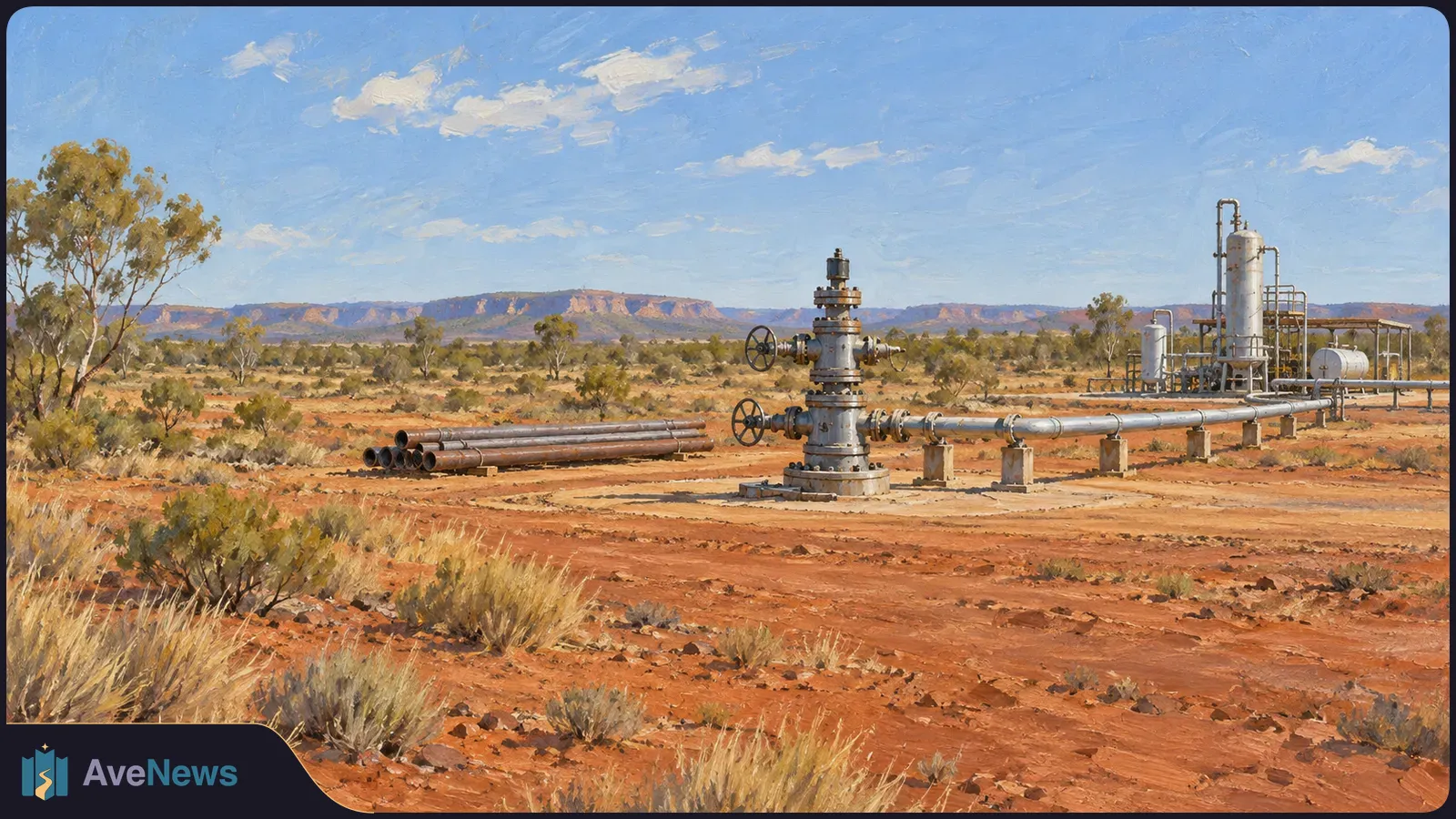 Painted gas wellhead and pipelines in a red, scrubby landscape, with processing equipment in the distance beneath a blue sky. SI illustration