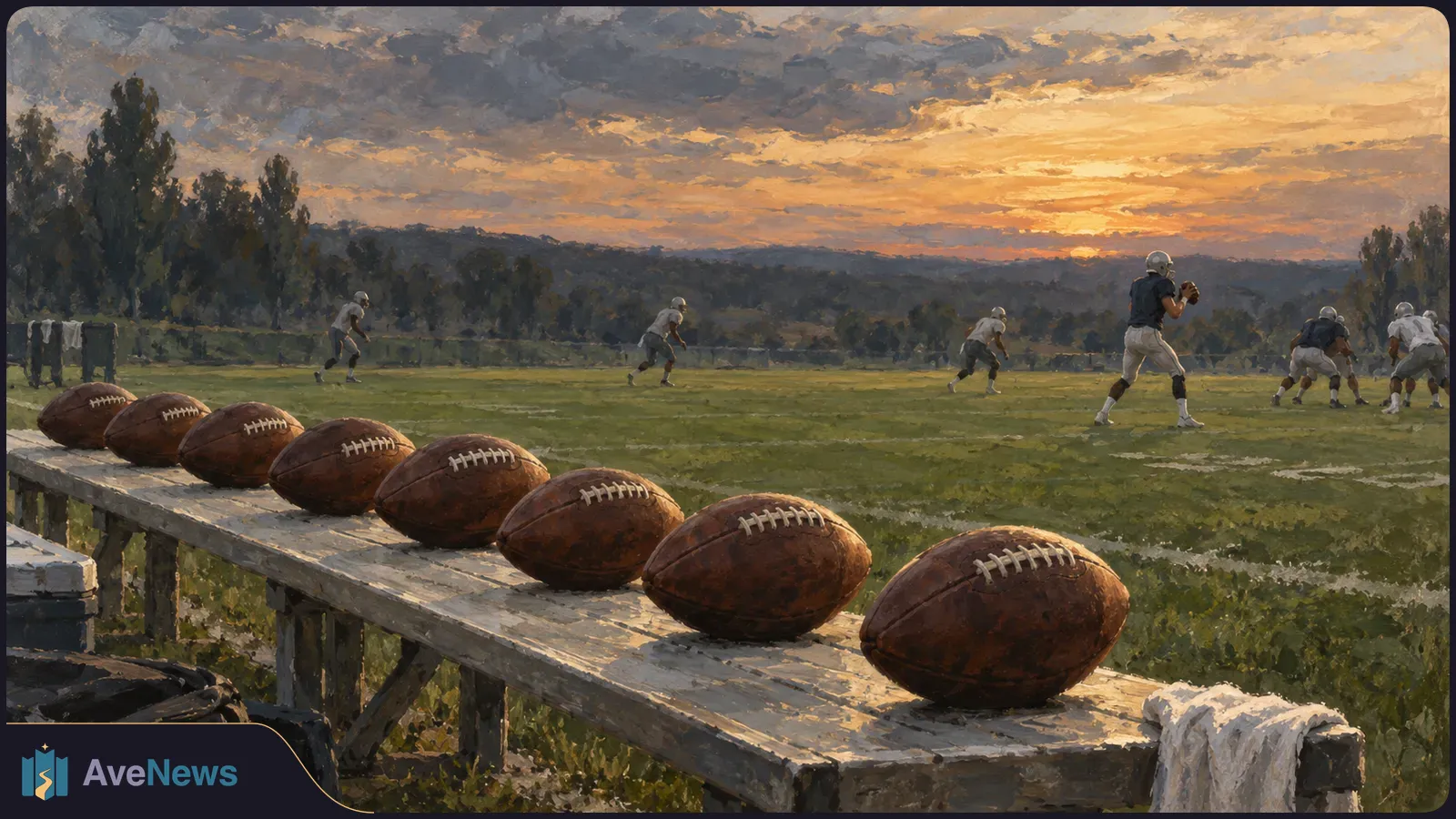 Eight footballs line a sideline bench while helmeted players spread across a grassy field at sunset. SI illustration