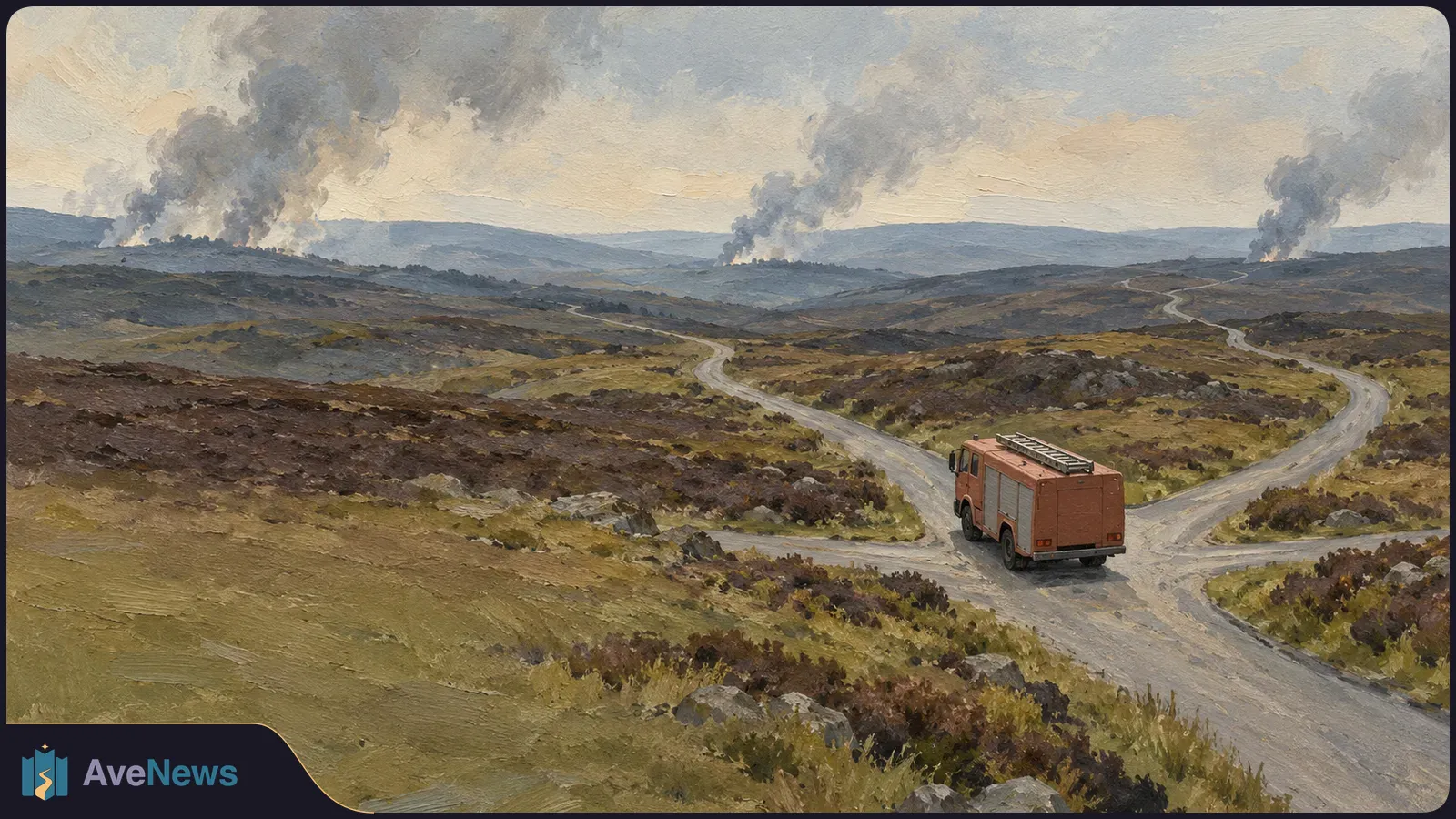 Painting of a fire engine at a fork in a winding road across grassy hills, with several columns of smoke rising in the distance. SI illustration