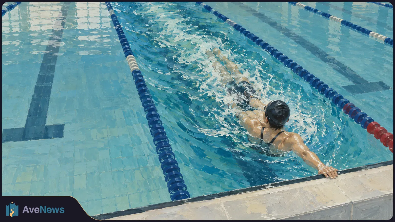Illustration of a swimmer in a black cap reaching the edge of a pool, with splashing water and blue lane ropes around them. SI illustration