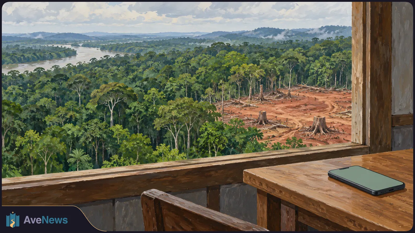 A phone with a blank screen rests on a wooden table overlooking dense forest, a winding river and a broad clearing dotted with tree stumps. SI illustration
