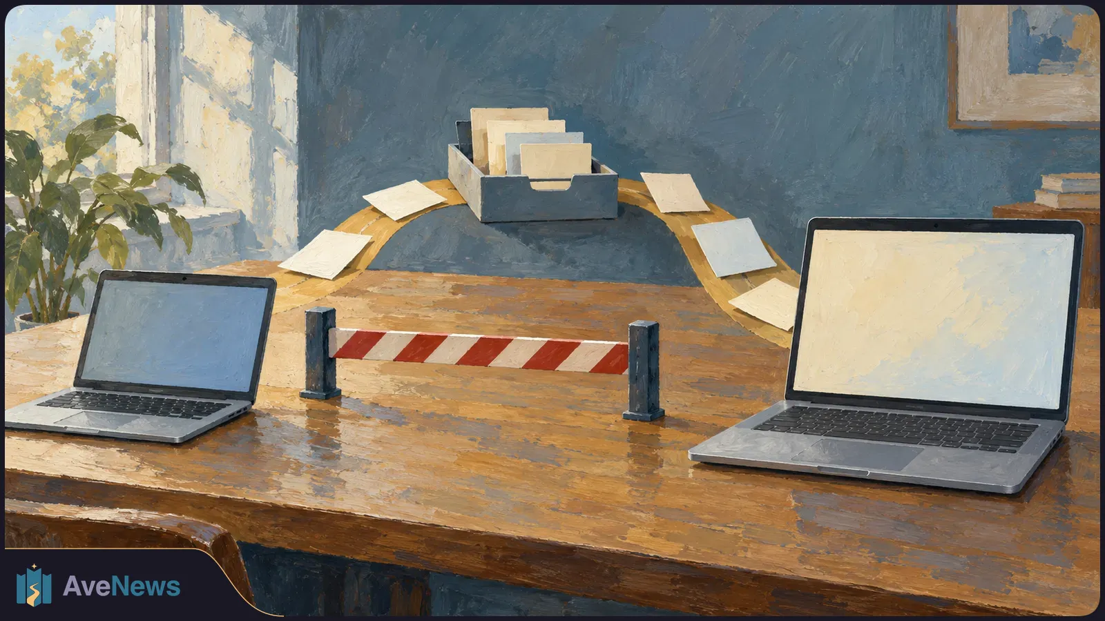 Painted scene of two open laptops on a wooden table, separated by a red-and-white barrier. Blank sheets curve from one laptop toward a box of papers and the other laptop. SI illustration