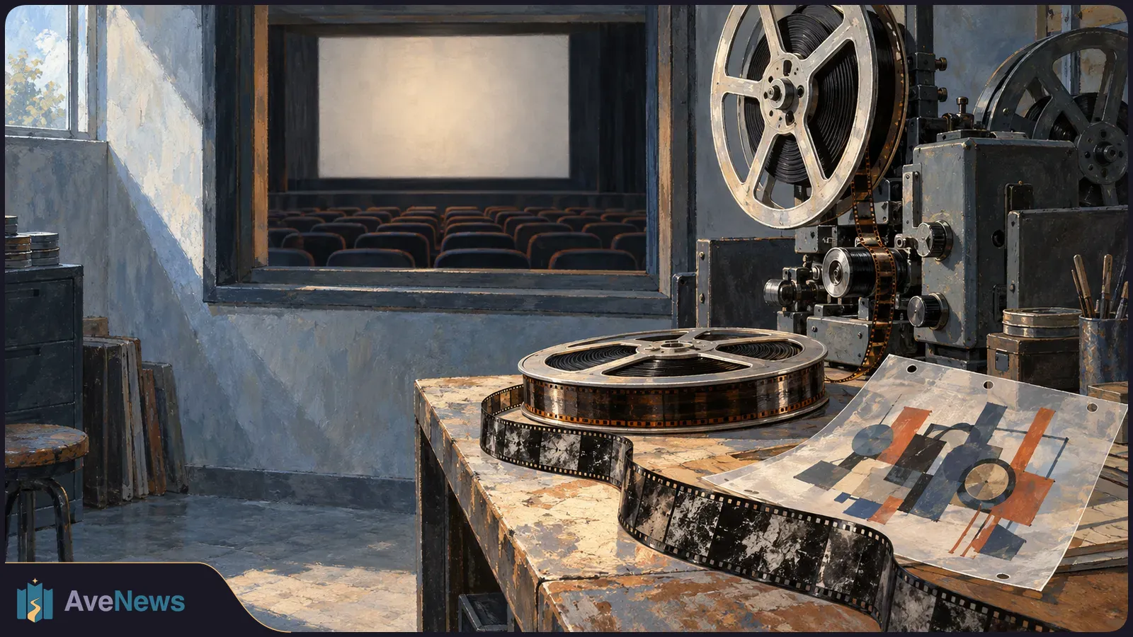 Painterly view of a projection booth with film reels, a projector and film strip on a table; rows of cinema seats and a blank screen are visible through the window. SI illustration