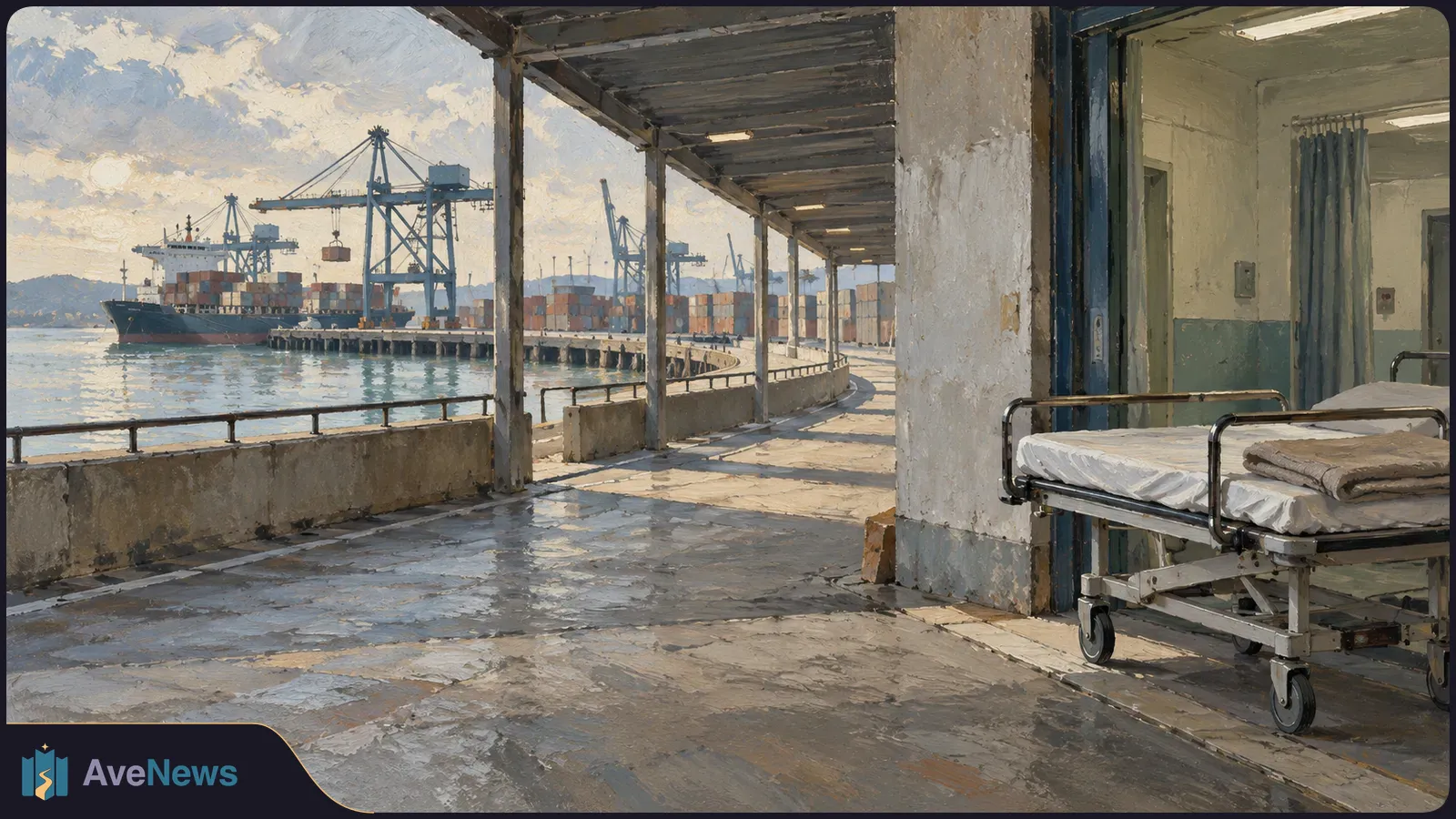 An empty hospital gurney stands beside a covered waterfront walkway. Across the water are a container ship, stacked containers and port cranes, all painted in broad strokes. SI illustration