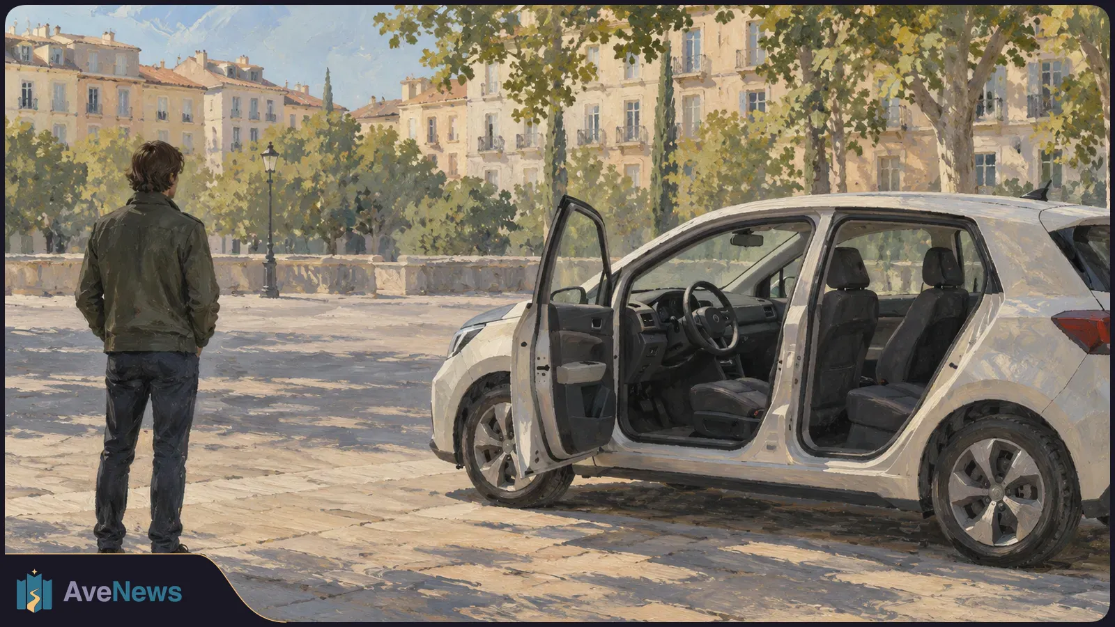 Painterly street scene with a person seen from behind beside a white car with its side doors open, under trees in front of pale buildings. SI illustration