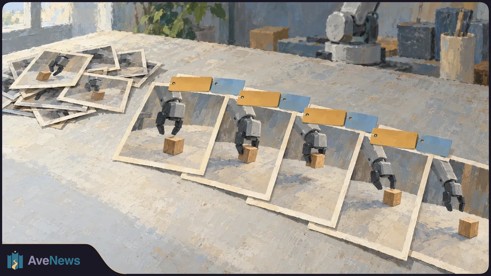 Painted scene of robot grippers reaching toward wooden blocks in a row of overlapping picture frames, with blank colored tabs along the top and more frames piled at left. SI illustration
