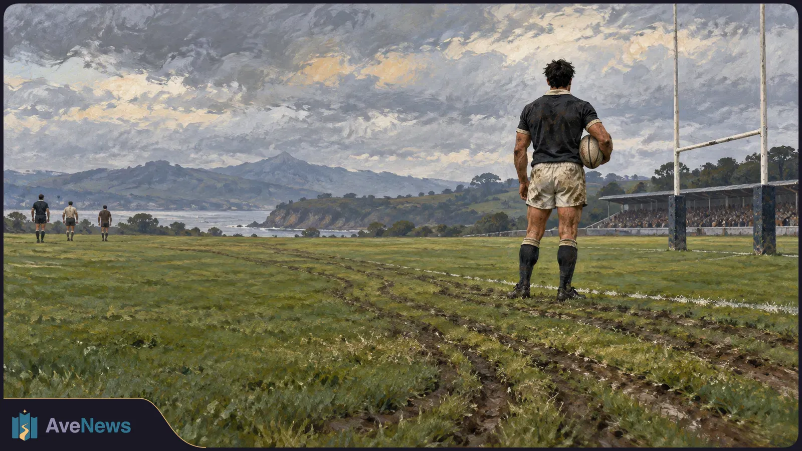 Painted rugby scene: a player holding a ball stands beside the goalposts on a muddy field, with three figures in the distance, a spectator stand and mountains under a cloudy sky. SI illustration