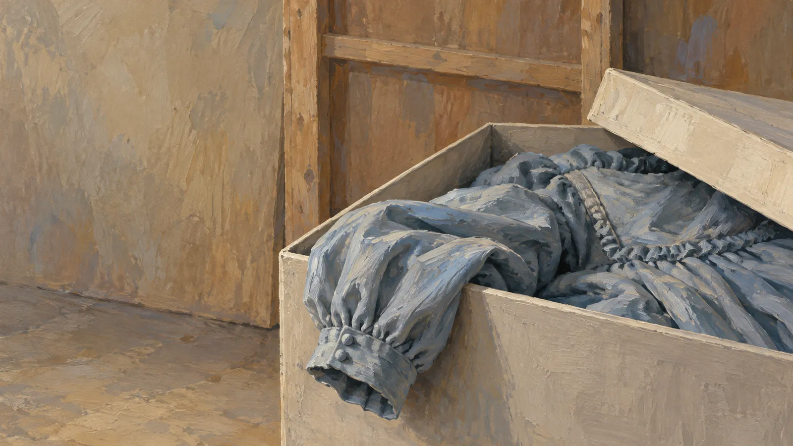 A painterly illustration of a blue-gray ruffled garment spilling out of a partially open wooden box. SI illustration