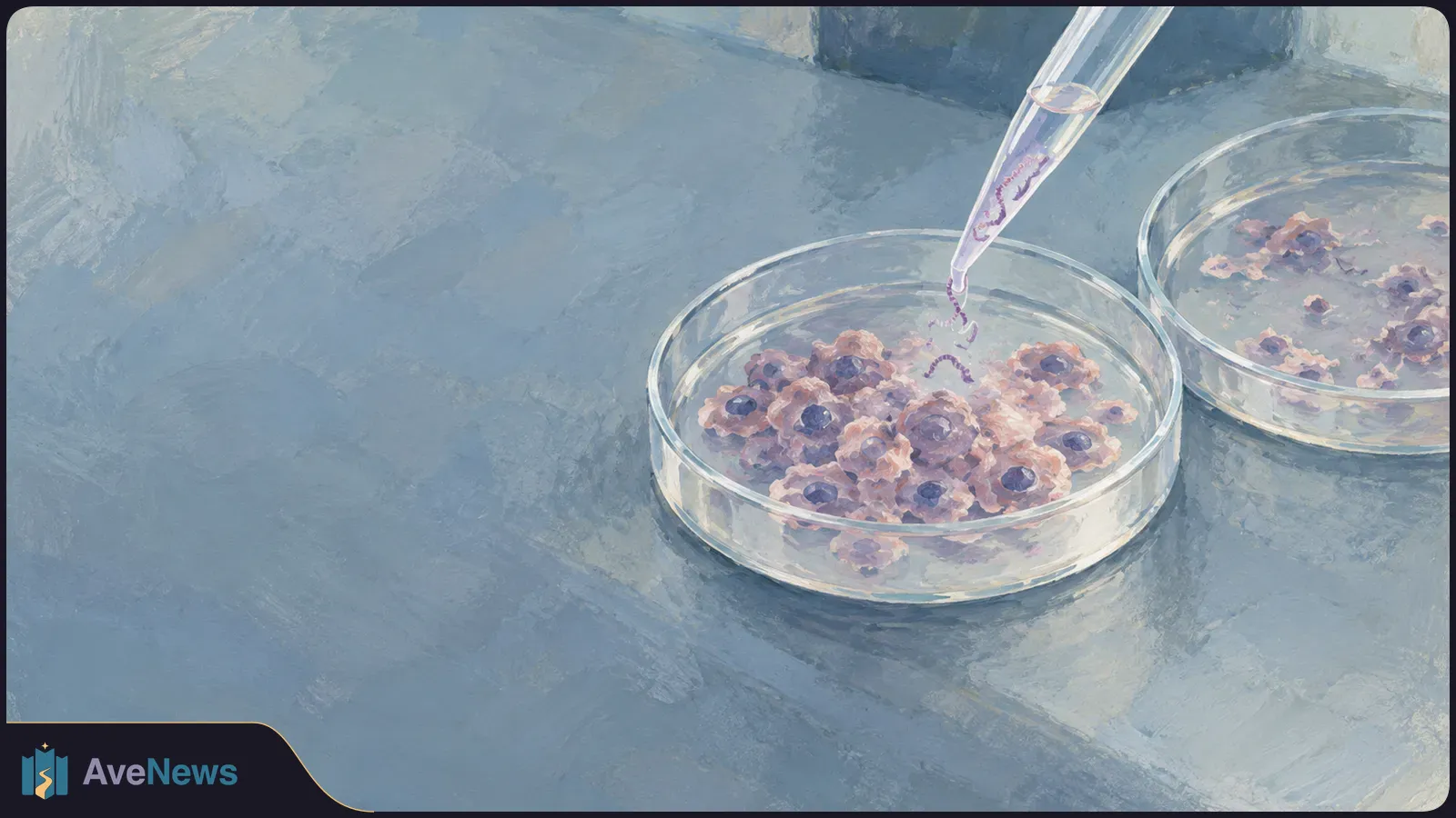 A painted pipette lowers a purple squiggly strand into a dish of pink and violet cell clusters; a second culture dish sits behind it. SI illustration