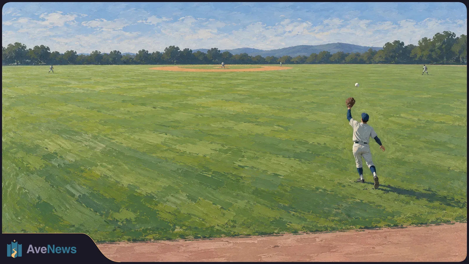 Painted view of a baseball outfield: a player in a white uniform runs with a raised glove toward an airborne ball, with other players far across the field. SI illustration