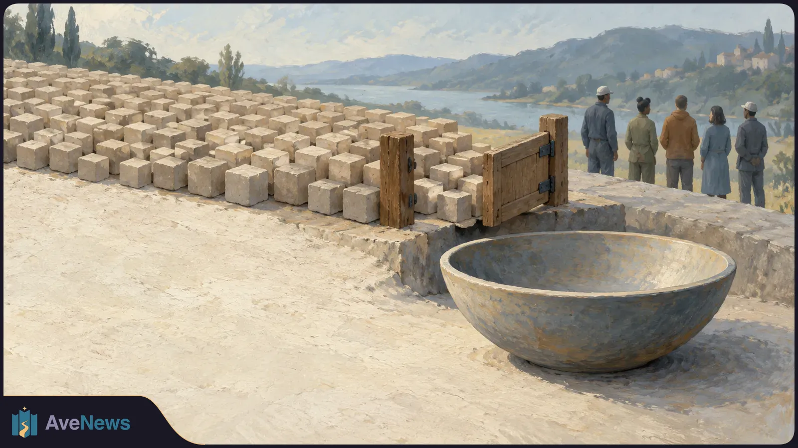 Painted scene of stacked pale stone blocks beside an open wooden gate and an empty basin. Five people stand in the distance overlooking a lake and hills. SI illustration